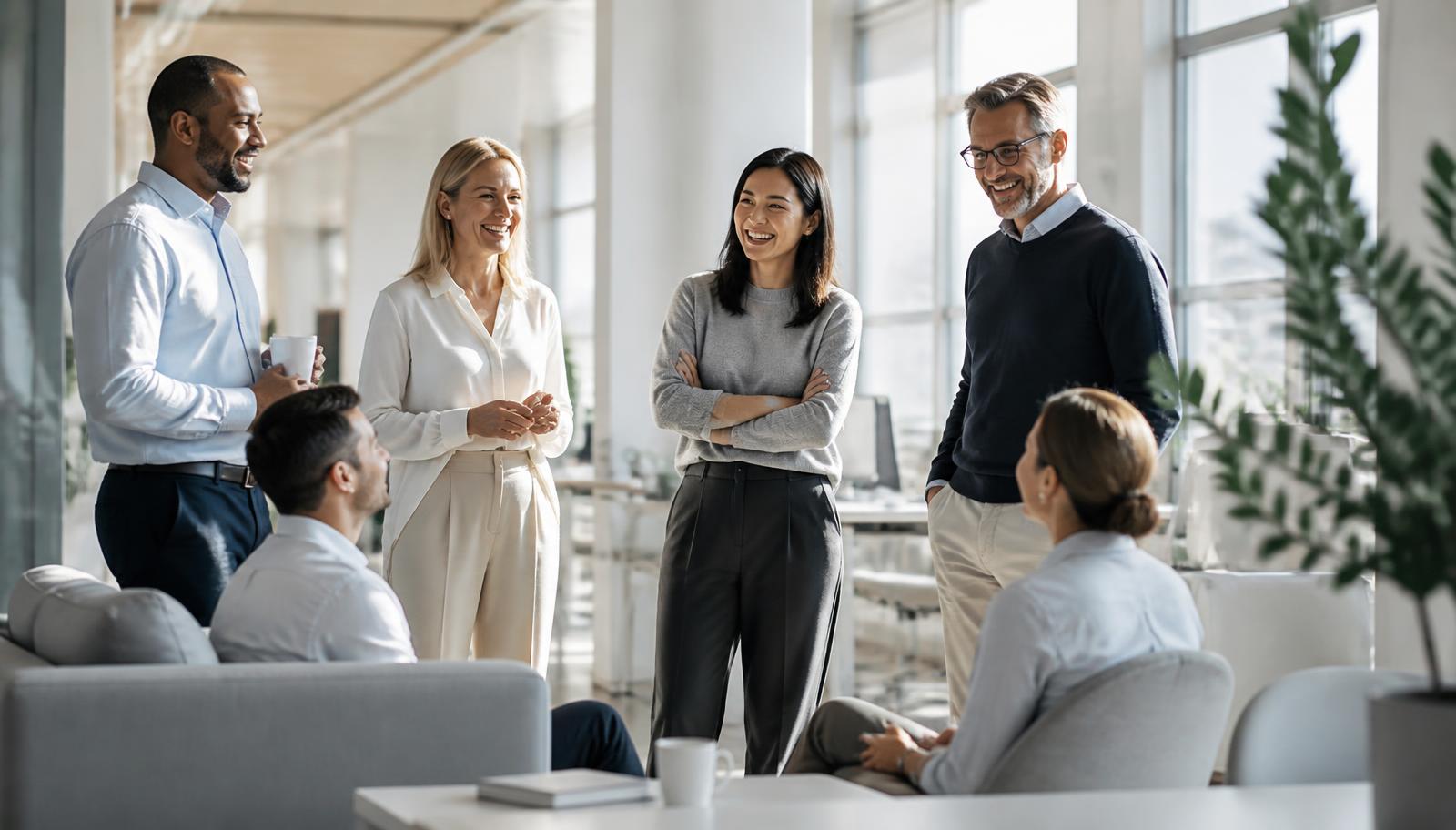 Equipe diversa em ambiente corporativo moderno